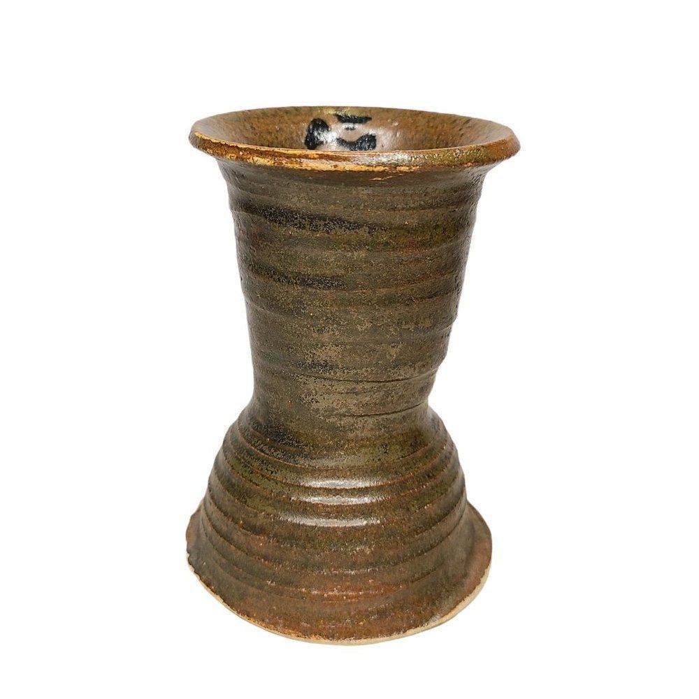 Handmade Studio Pottery Signed Goblet Cup Vase‎ Green Brown Cup Vessel